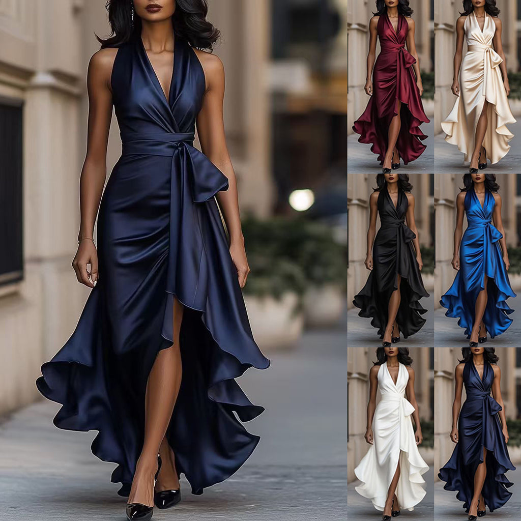 Satin V Neck Sleeveless Ruffled Dress